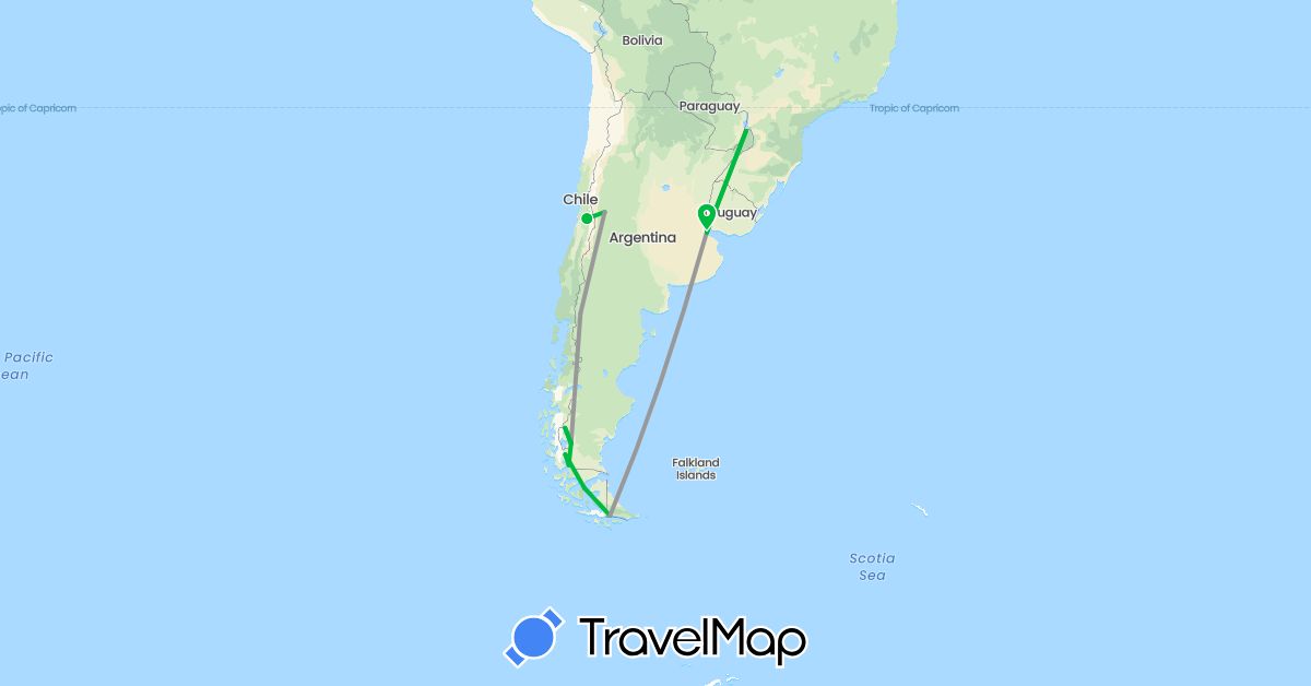 TravelMap itinerary: bus, plane in Argentina, Chile (South America)