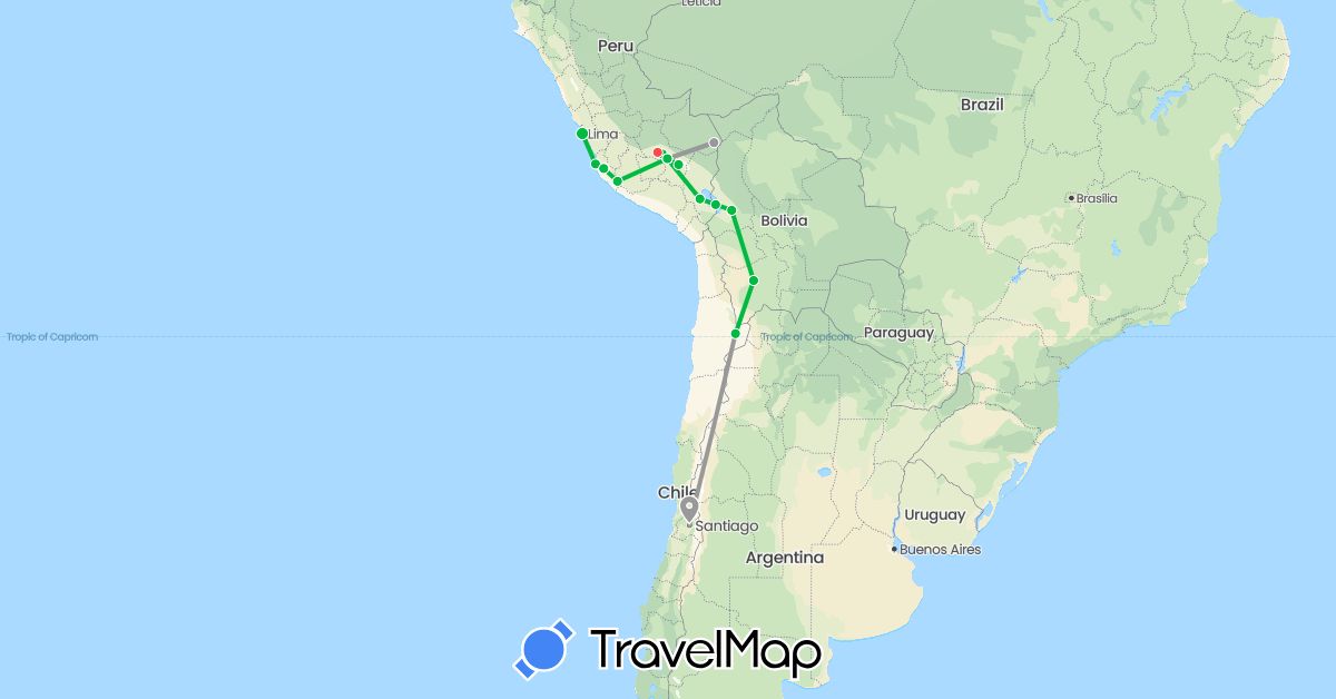 TravelMap itinerary: driving, bus, plane, hiking in Bolivia, Chile, Peru (South America)