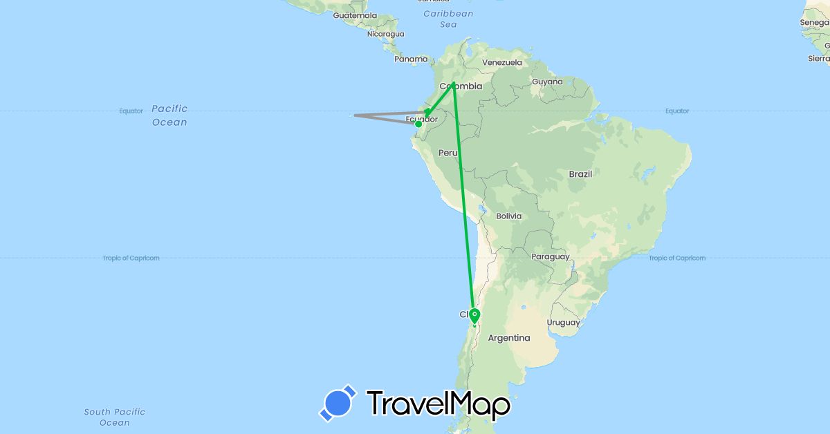 TravelMap itinerary: driving, bus, plane in Chile, Colombia, Ecuador (South America)